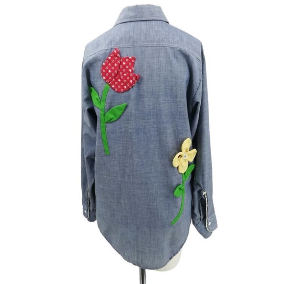 Vintage Applique Flower Chambray Button Front Shirt Size Mens Small Womens M/L - Picture 9 of 15